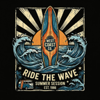 A retro-style surf graphic on a black background, featuring a vertical surfboard with 'WEST COAST CO.' in the center, blue ocean waves, cream sunburst rays, and the text 'RIDE THE WAVE SUMMER SESSION EST.