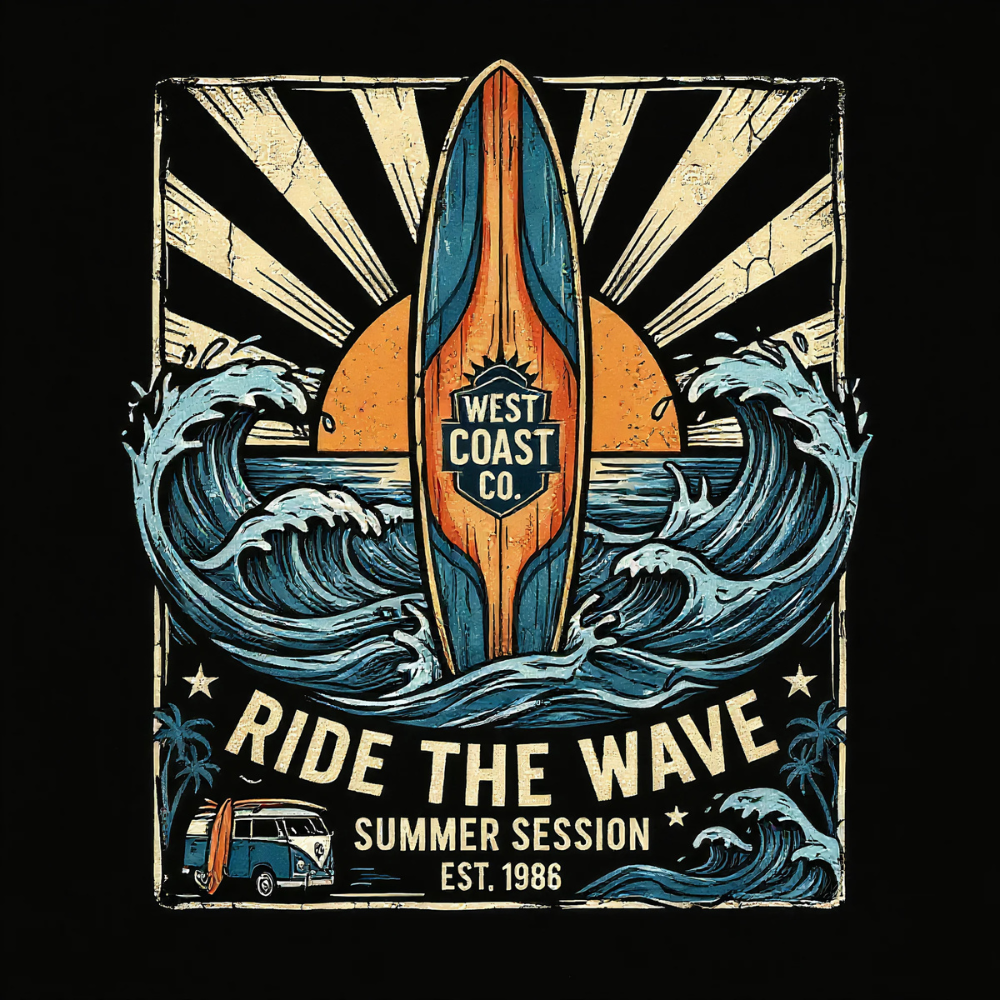 A retro-style surf graphic on a black background, featuring a vertical surfboard with 'WEST COAST CO.' in the center, blue ocean waves, cream sunburst rays, and the text 'RIDE THE WAVE SUMMER SESSION EST.