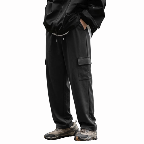 Side profile of men's baggy gym sweatpants with deep pockets