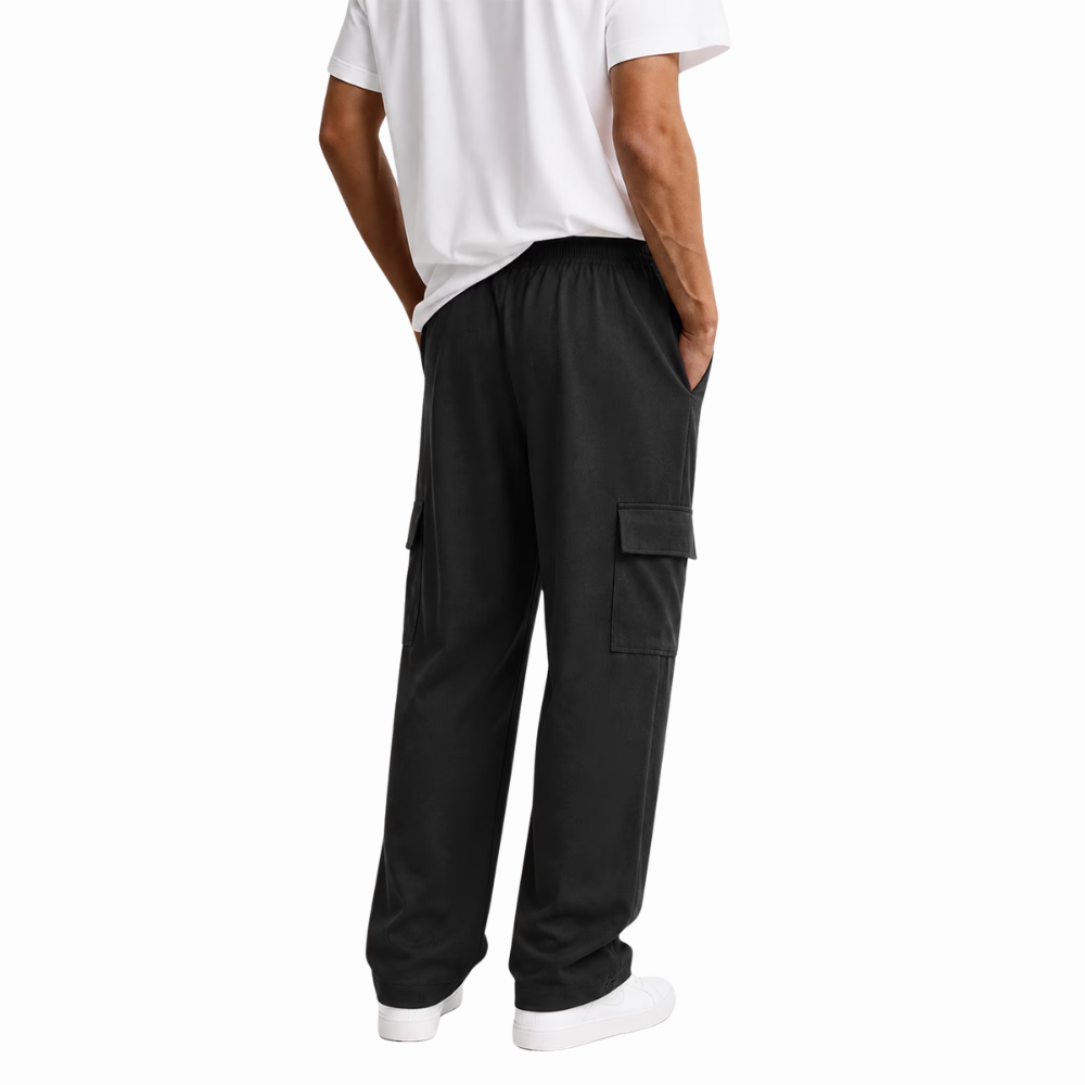 Back view of men's baggy gym sweatpants with a comfortable loose fit and athletic design.