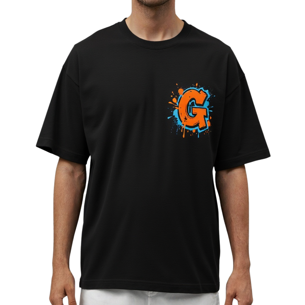 Model wearing a black men's cotton graphic t-shirt 