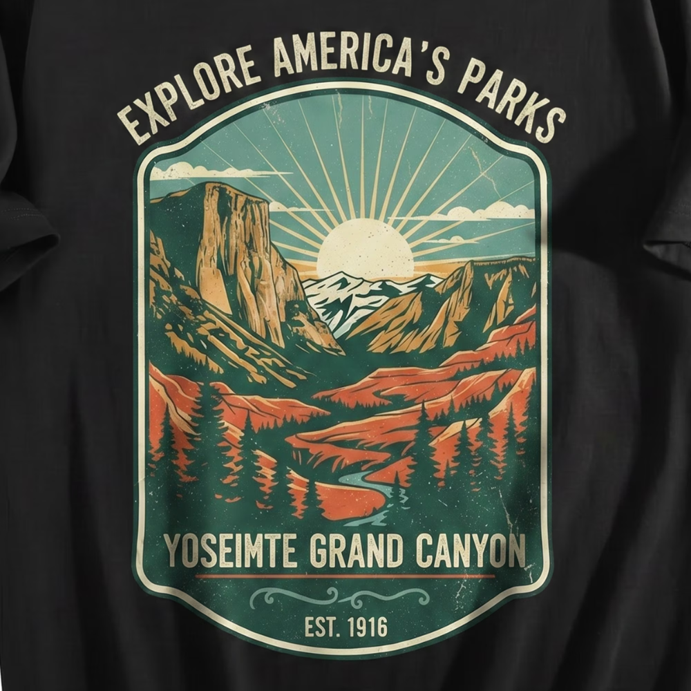 Close-up of the graphic print, cotton fabric texture, and crewneck collar details on men's t-shirt.
