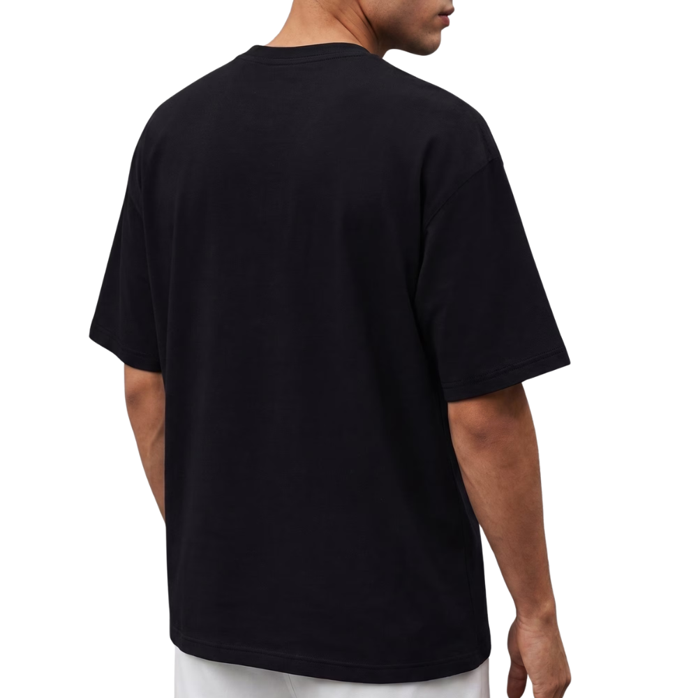 Back view of men's cotton graphic print crewneck t-shirt with a simple casual design and soft cotton fabric.