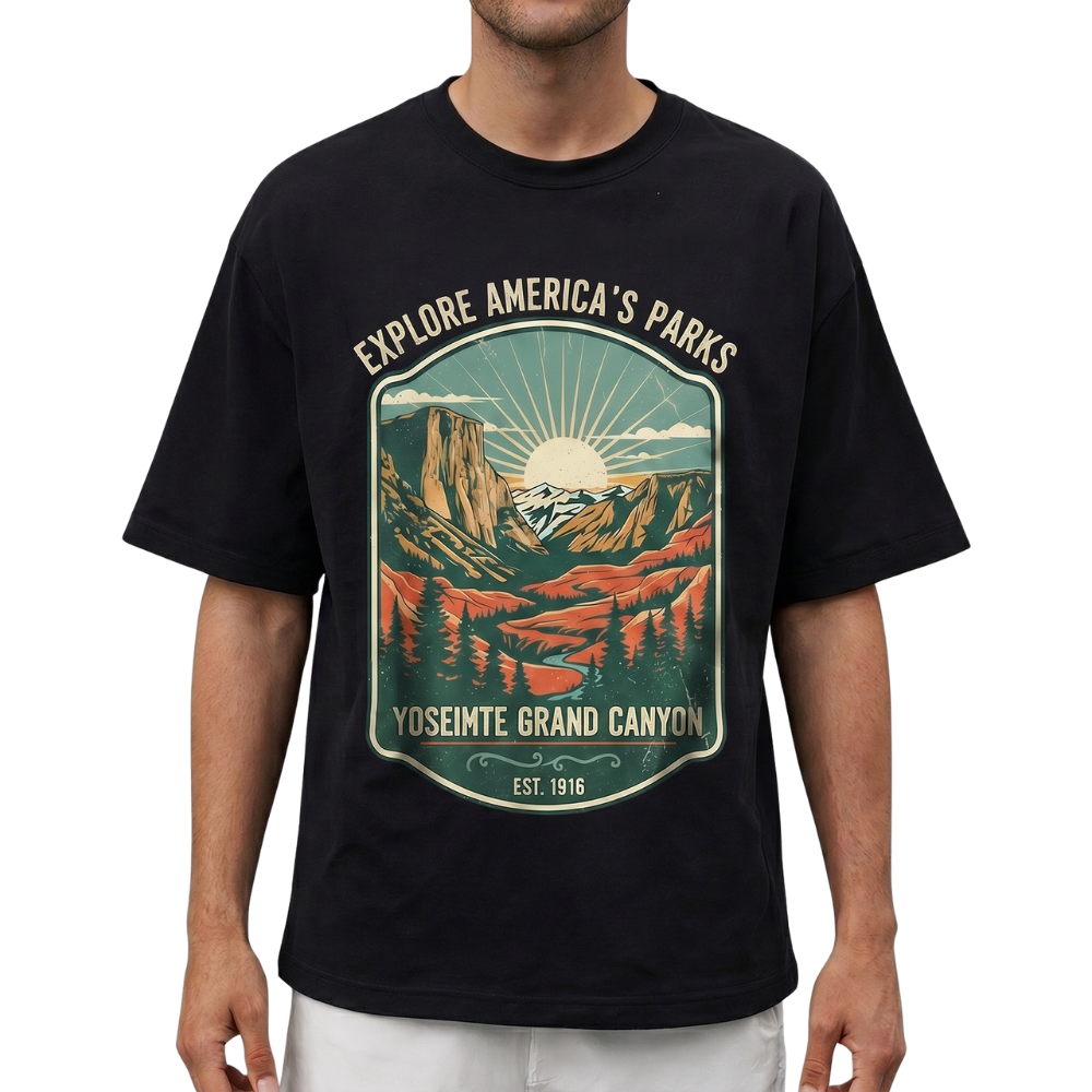 Front view of men's cotton graphic print crewneck t-shirt showing the printed design and classic round neckline.