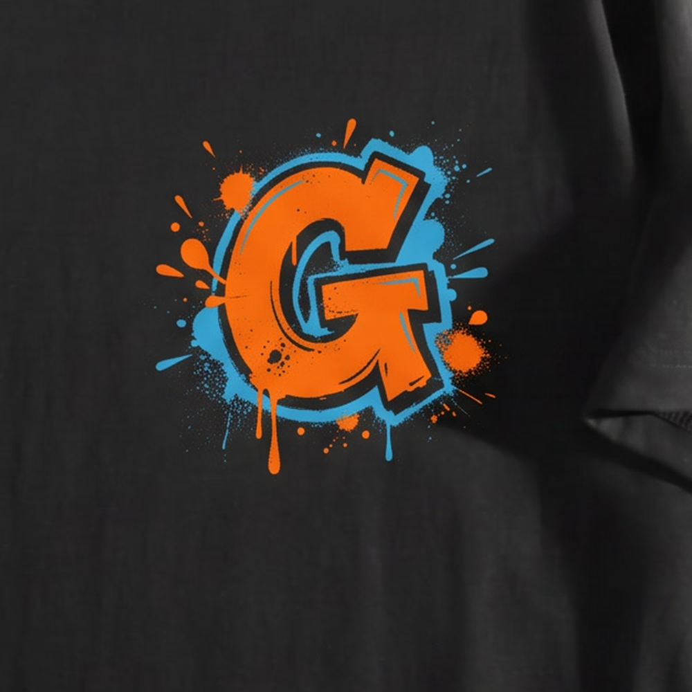 A close-up of a black t-shirt featuring a vibrant graphic print of the letter 'G' in orange with a blue outline and paint splatter details.