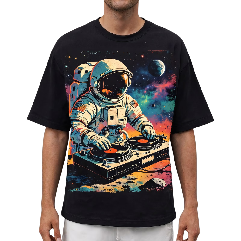 Front view of black men's graphic t-shirt showing the detailed artwork placement and short sleeve design.