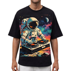 Front view of black men's graphic t-shirt showing the detailed artwork placement and short sleeve design.