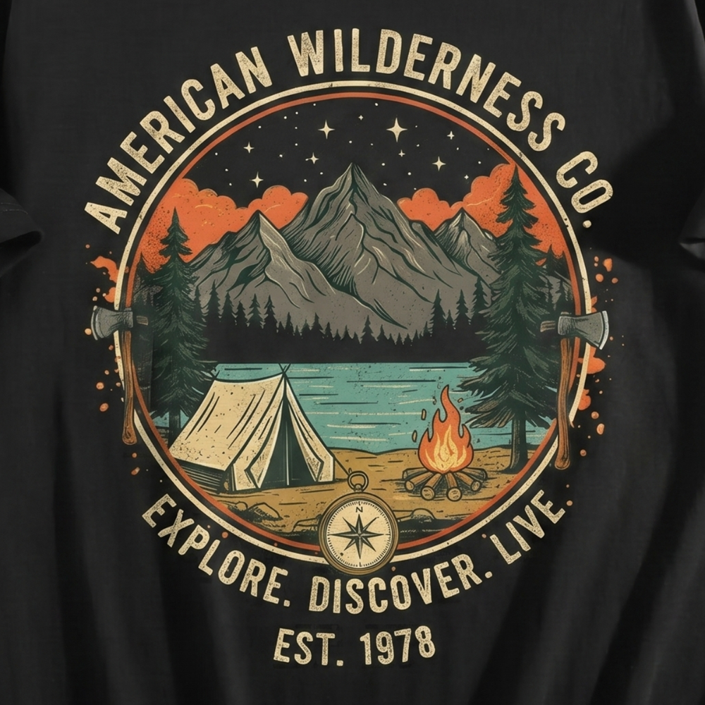 Close-up of the graphic print detail, fabric texture, and crewneck collar on men's short sleeve t-shirt.