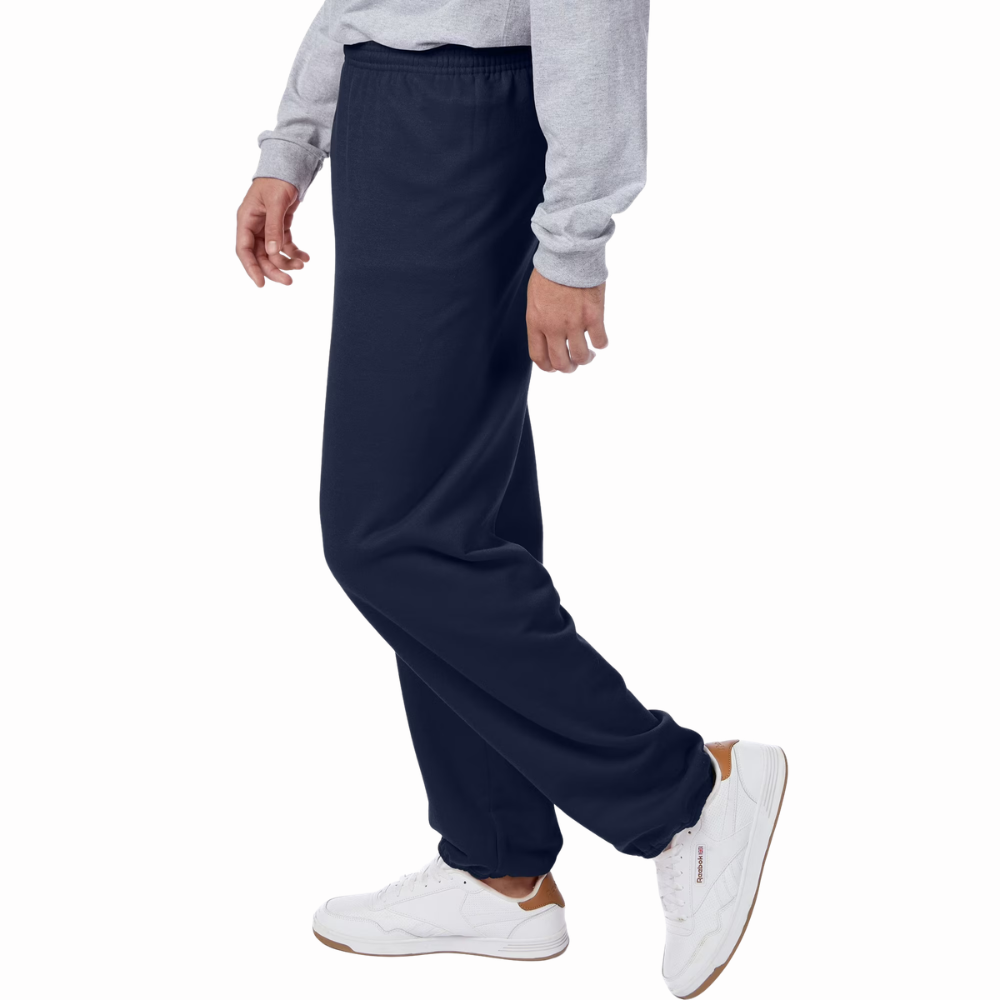 Side profile of men's EcoSmart fleece sweatpants with soft fleece material and a relaxed athletic fit.