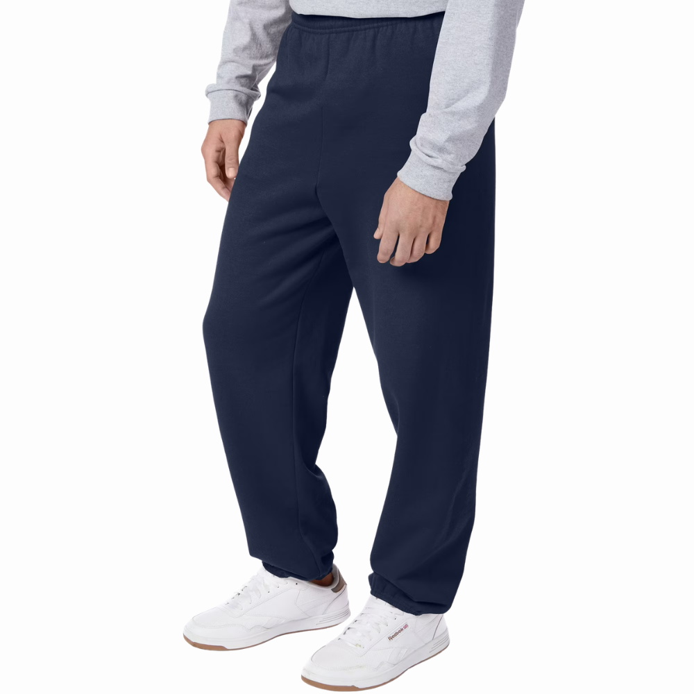 Close-up of the fleece fabric texture, waistband details, and stitching on men's EcoSmart sweatpants
