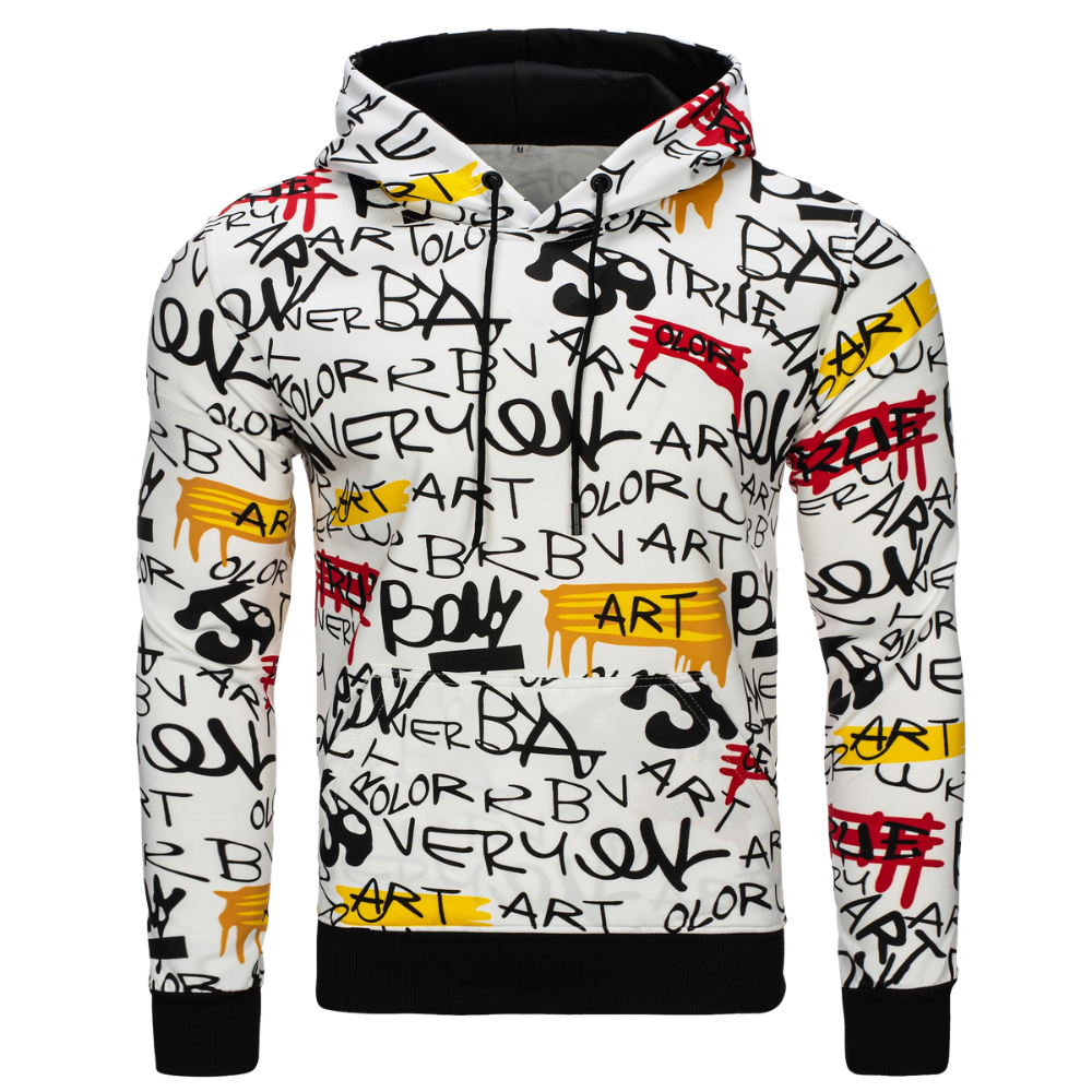 A white pullover hoodie with an all-over graffiti-style print in black, red, and yellow, featuring black drawstrings, a black hood lining, and black ribbed cuffs and hem.