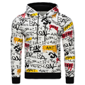 A white pullover hoodie with an all-over graffiti-style print in black, red, and yellow, featuring black drawstrings, a black hood lining, and black ribbed cuffs and hem.