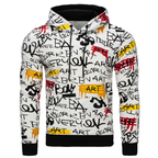 A white pullover hoodie with an all-over graffiti-style print in black, red, and yellow, featuring black drawstrings, a black hood lining, and black ribbed cuffs and hem.