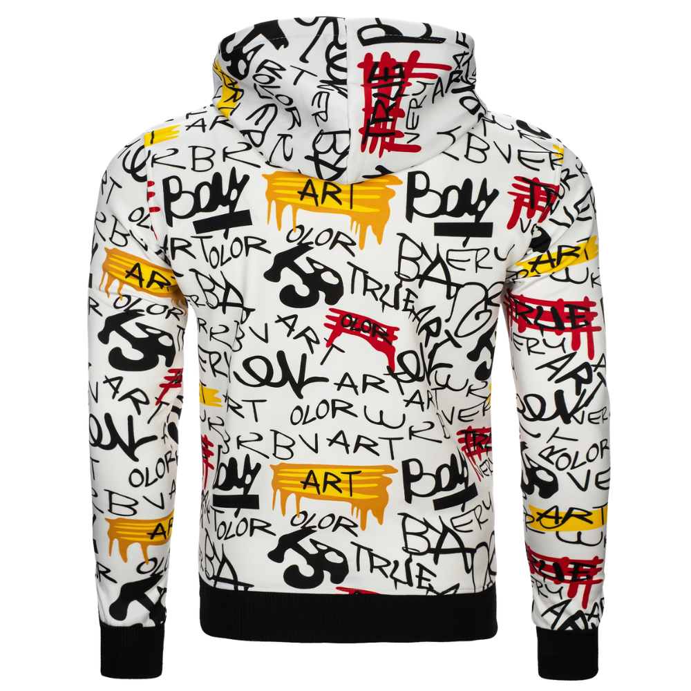 A white pullover hoodie with an all-over graffiti-style graphic print in black, red, and yellow, featuring a high collar and black ribbed cuffs and hem.