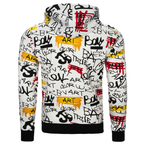 A white pullover hoodie with an all-over graffiti-style graphic print in black, red, and yellow, featuring a high collar and black ribbed cuffs and hem.