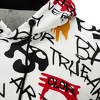 A close-up of a white hooded sweatshirt featuring a bold graffiti-style graphic print in black, red, and orange, with a black drawstring and a black snap closure.