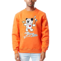A man wearing an orange crewneck sweatshirt with a cartoon bear graphic and the text 'Buzz Barris' on the front, paired with light blue jeans against a white background.