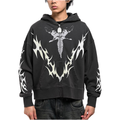 A person wearing a black zip-up hoodie with a large white winged dagger graphic on the chest and white flame-like sleeve prints, paired with dark jeans against a plain white background.