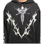 A black zip-up hoodie featuring a large white and gray graphic of a winged figure and flame-like shapes on the front, shown on a model against a plain white background.