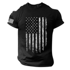 Black t-shirt with American flag design on a white background