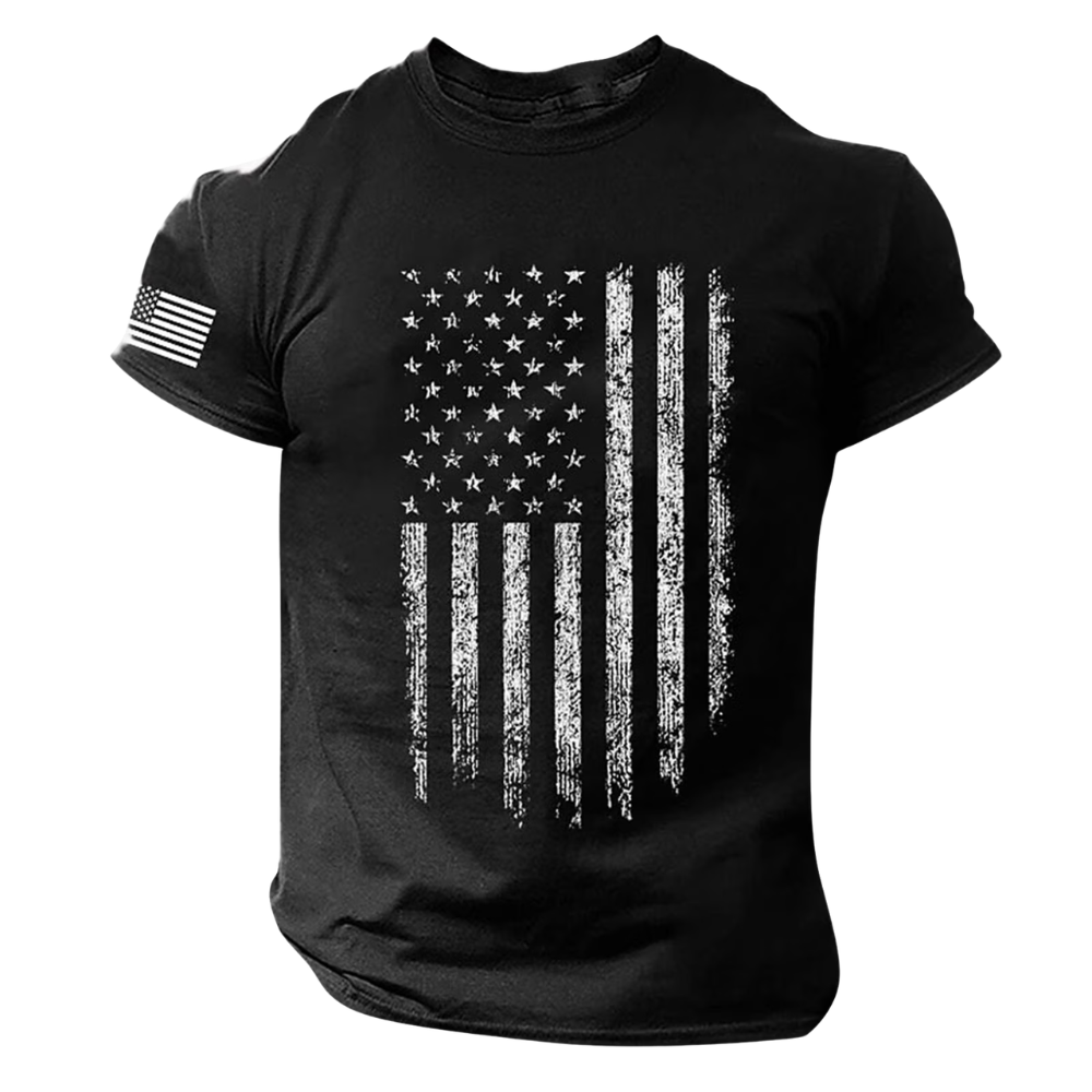 Black t-shirt with American flag design on a white background