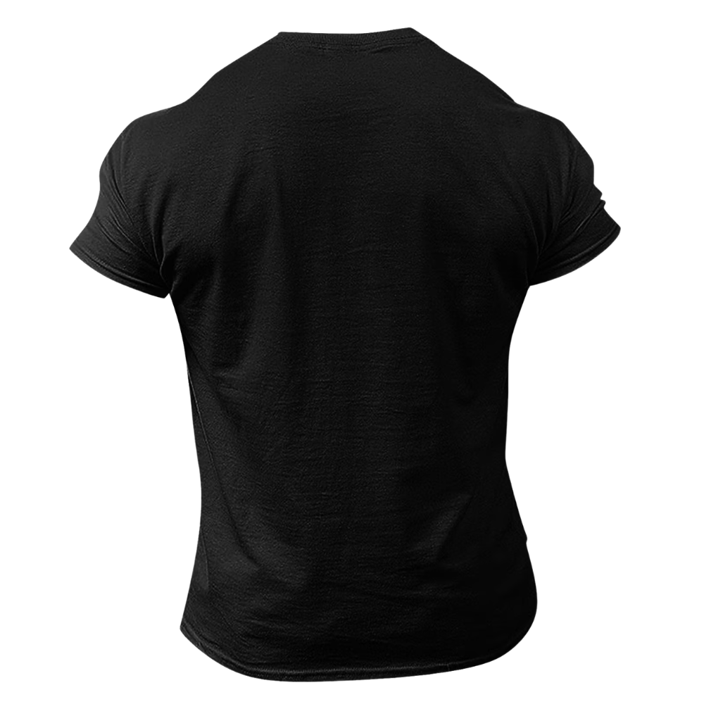 A black short-sleeve crewneck t-shirt shown from the back, displayed on a headless mannequin torso against a plain white background.