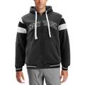 A man wearing a black zip-up hoodie with white drawstrings, white shoulder stripes, and 'NEW YORK' printed across the chest in white outlined lettering, paired with gray pants against a white background.