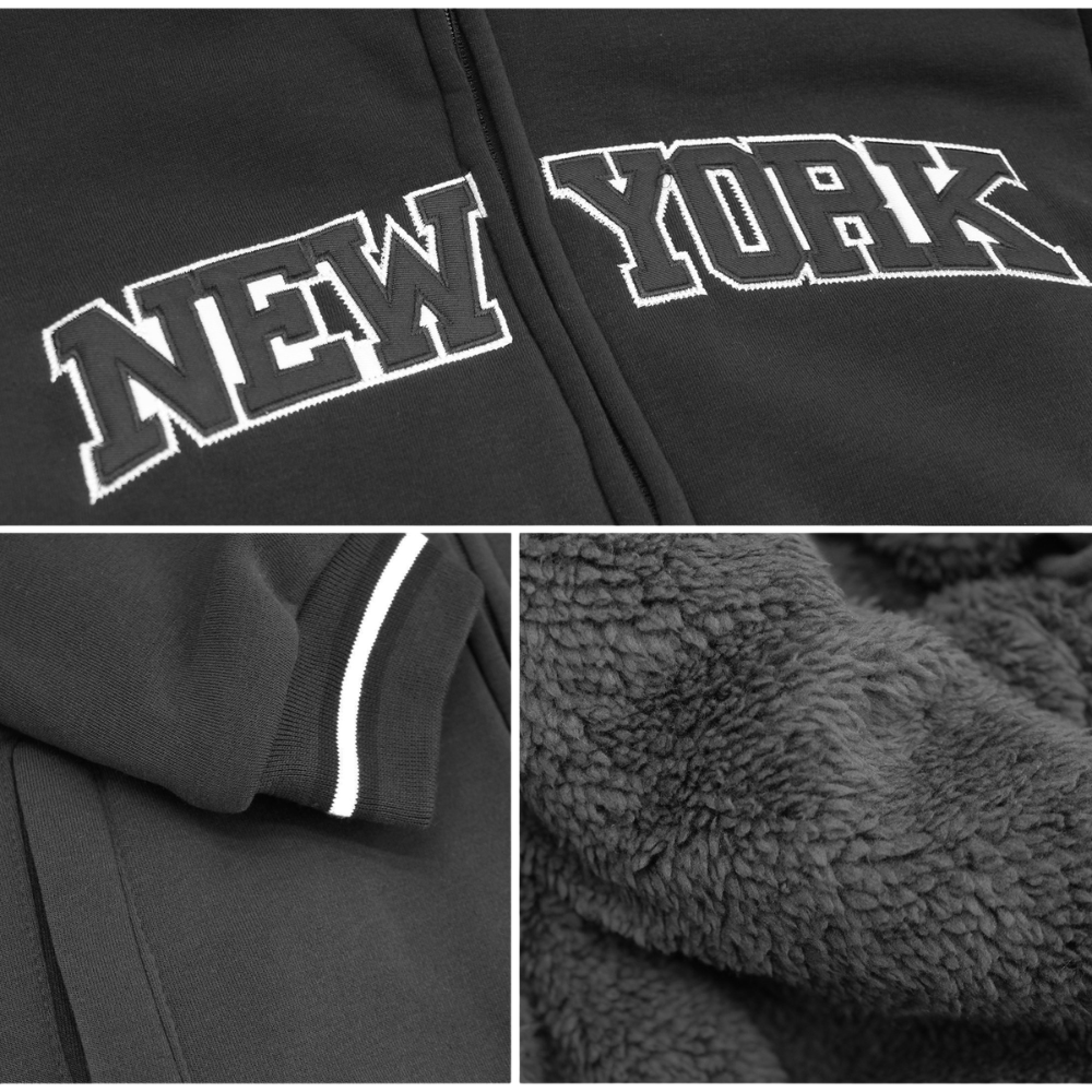Black zip-up hoodie with white arched 'NEW YORK' lettering on the chest, shown in a three-panel detail layout highlighting the front graphic, sleeve trim, and plush fleece lining.