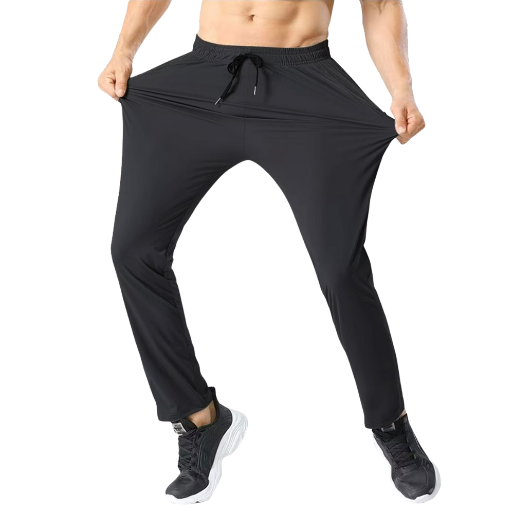 Front view of men's quick dry athletic sweatpants with an elastic waistband and convenient side pockets.