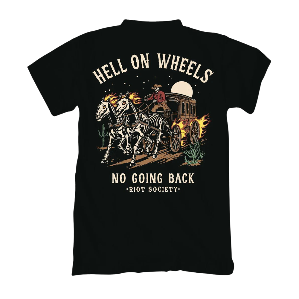 A black short-sleeve t-shirt with a large graphic print on the back. The graphic features the text 'HELL ON WHEELS' and 'NO GOING BACK - RIOT SOCIETY' in cream-colored lettering, surrounding an illustration of skeleton horses pulling a carriage with flames and a full moon.