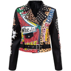 A cropped moto jacket featuring a black faux-leather base with a vibrant, multicolor graphic patchwork print on the front and right side. The jacket is embellished with silver studs, a matching black studded belt, and leopard print panels on the left chest and right sleeve.