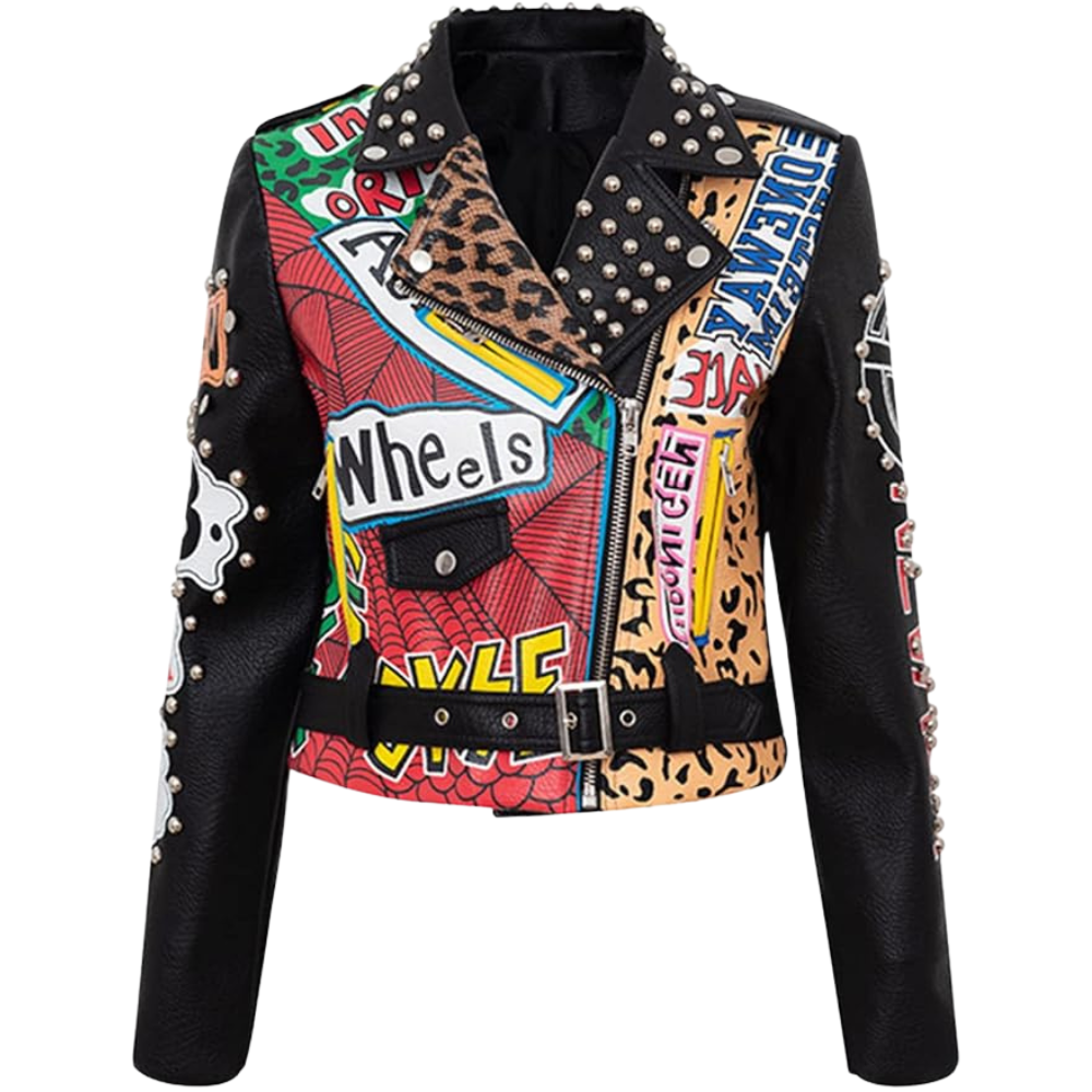 A cropped moto jacket featuring a black faux-leather base with a vibrant, multicolor graphic patchwork print on the front and right side. The jacket is embellished with silver studs, a matching black studded belt, and leopard print panels on the left chest and right sleeve.