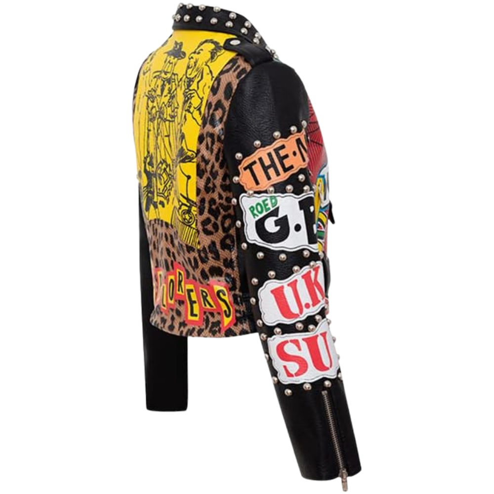 A black leather jacket with a yellow graphic print on the back panel, leopard print on the front, and multiple colorful patches with text on the sleeves, shown against a white background.
