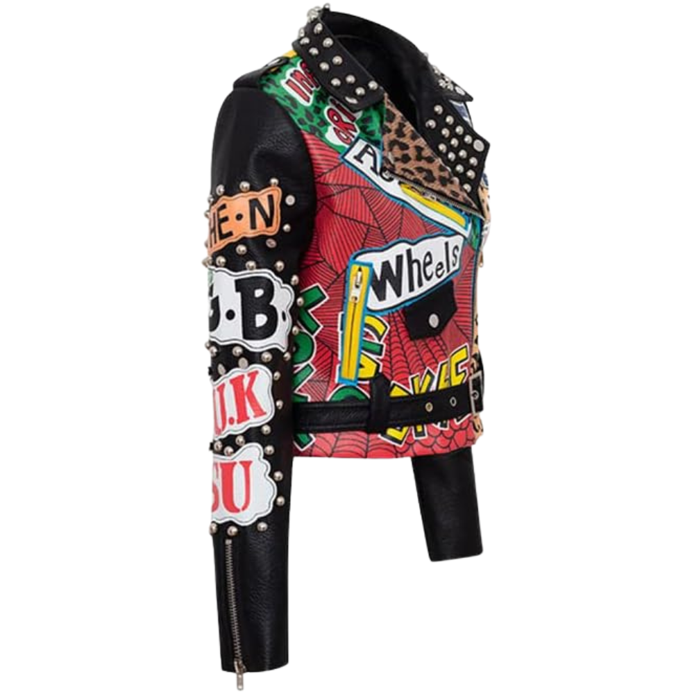 A cropped black leather jacket featuring a highly colorful, graphic patchwork design with text elements like 'G.B', 'Wheels', and 'J.