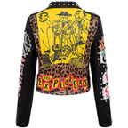 A cropped black leather jacket with leopard print panels, a large yellow graphic print on the back, and 'THE EXPLORERS' text, shown against a plain white background.