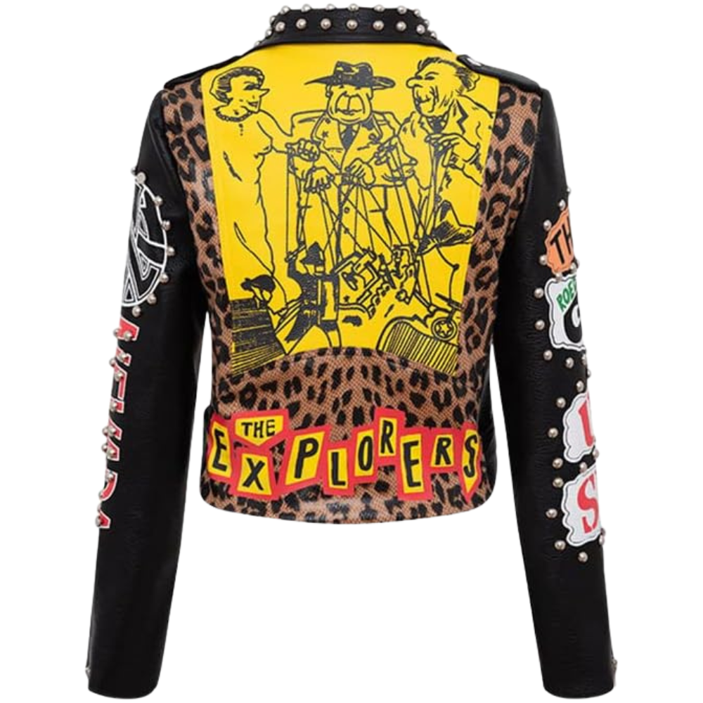 A cropped black leather jacket with leopard print panels, a large yellow graphic print on the back, and 'THE EXPLORERS' text, shown against a plain white background.