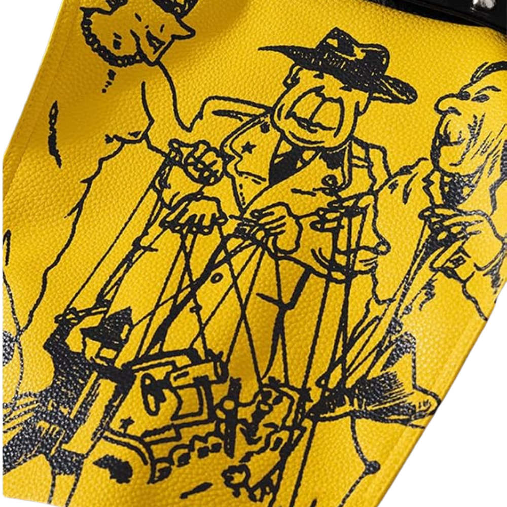 A close-up of a bright yellow textured leather accessory featuring a black hand-drawn illustration of a cowboy in a hat and other figures.