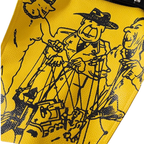 A close-up of a bright yellow textured leather accessory featuring a black hand-drawn illustration of a cowboy in a hat and other figures.